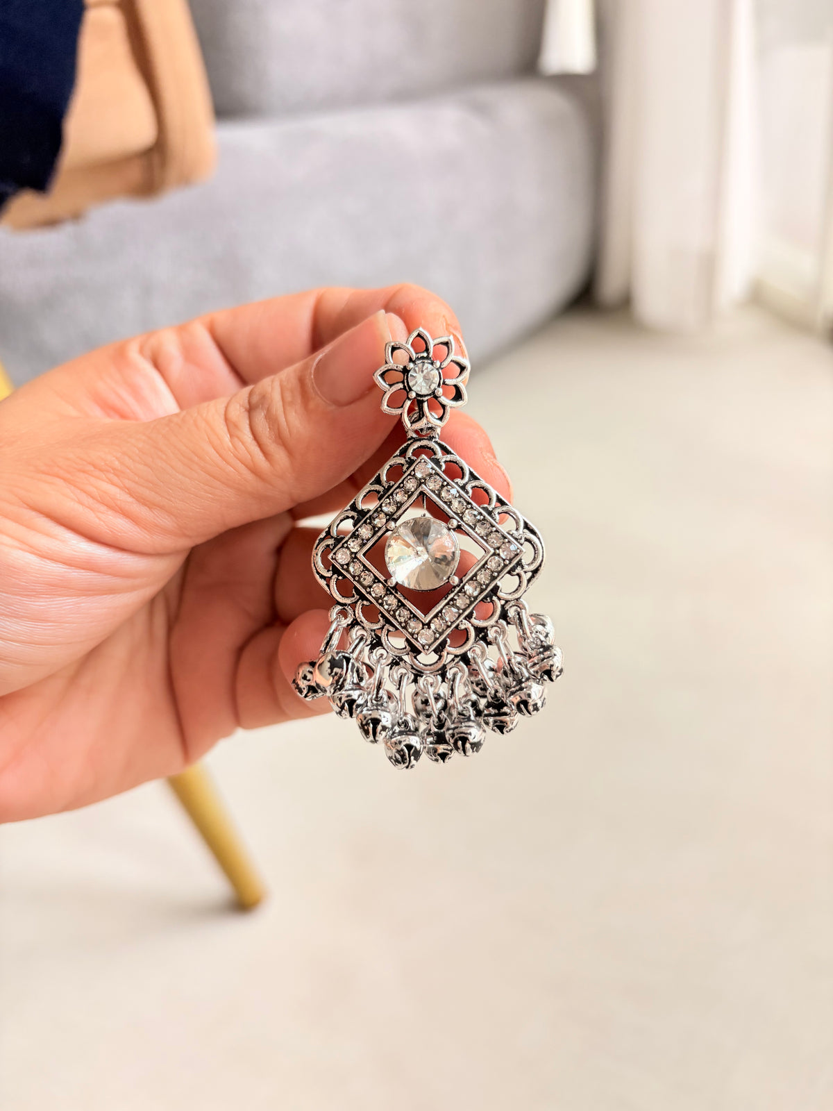 Silver & Crystal Floral Bell Drop Earrings
