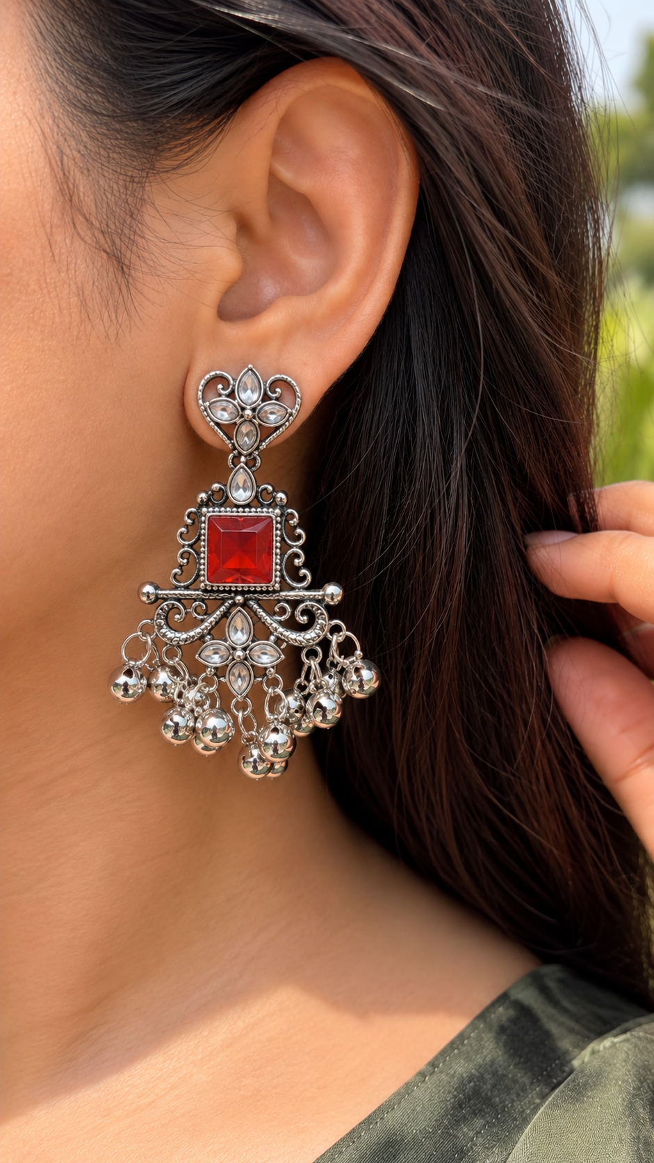 Silver & Red Statement   Earrings