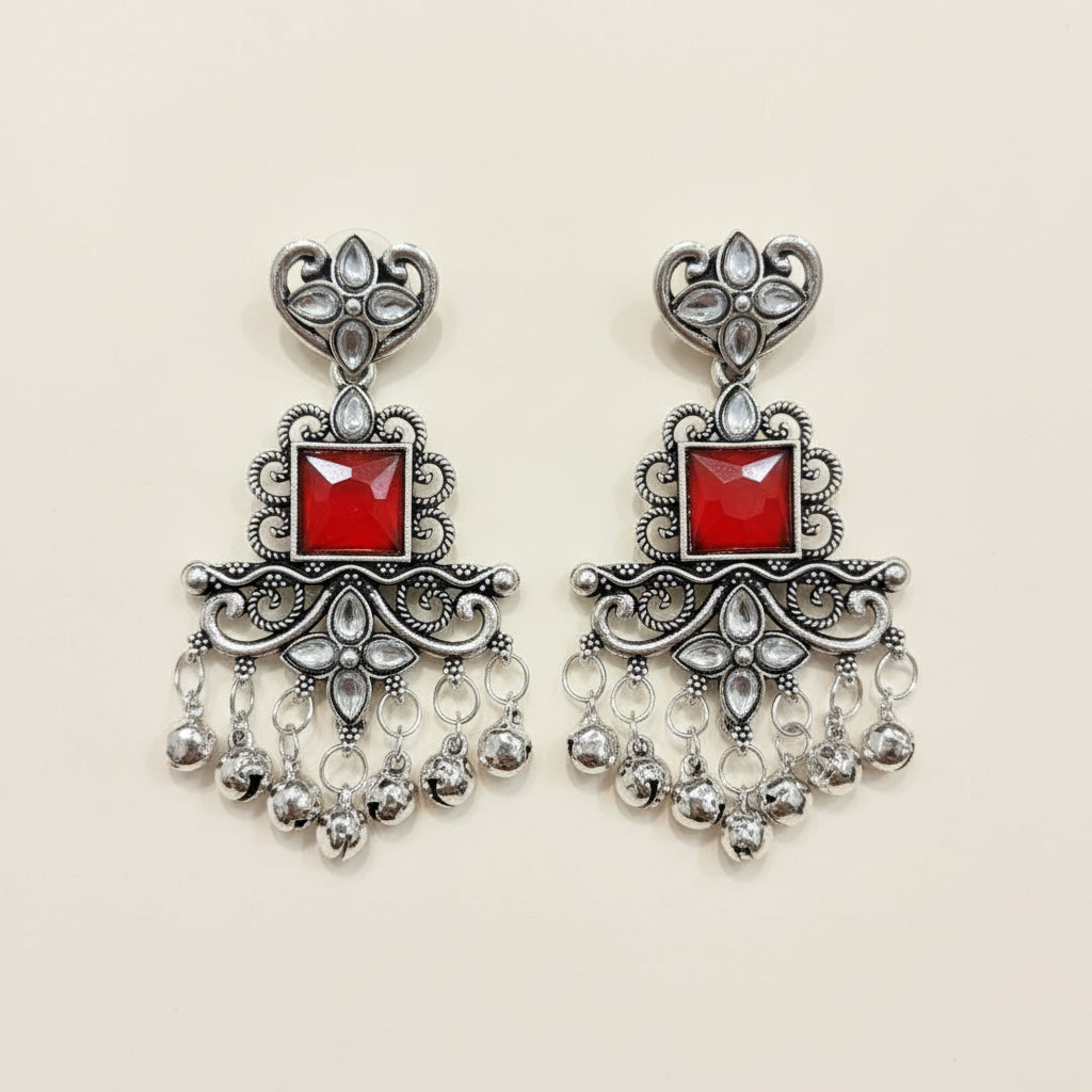 Silver & Red Statement   Earrings