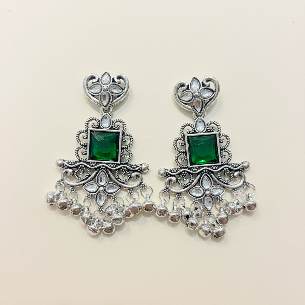 Silver & Green Statement Earrings