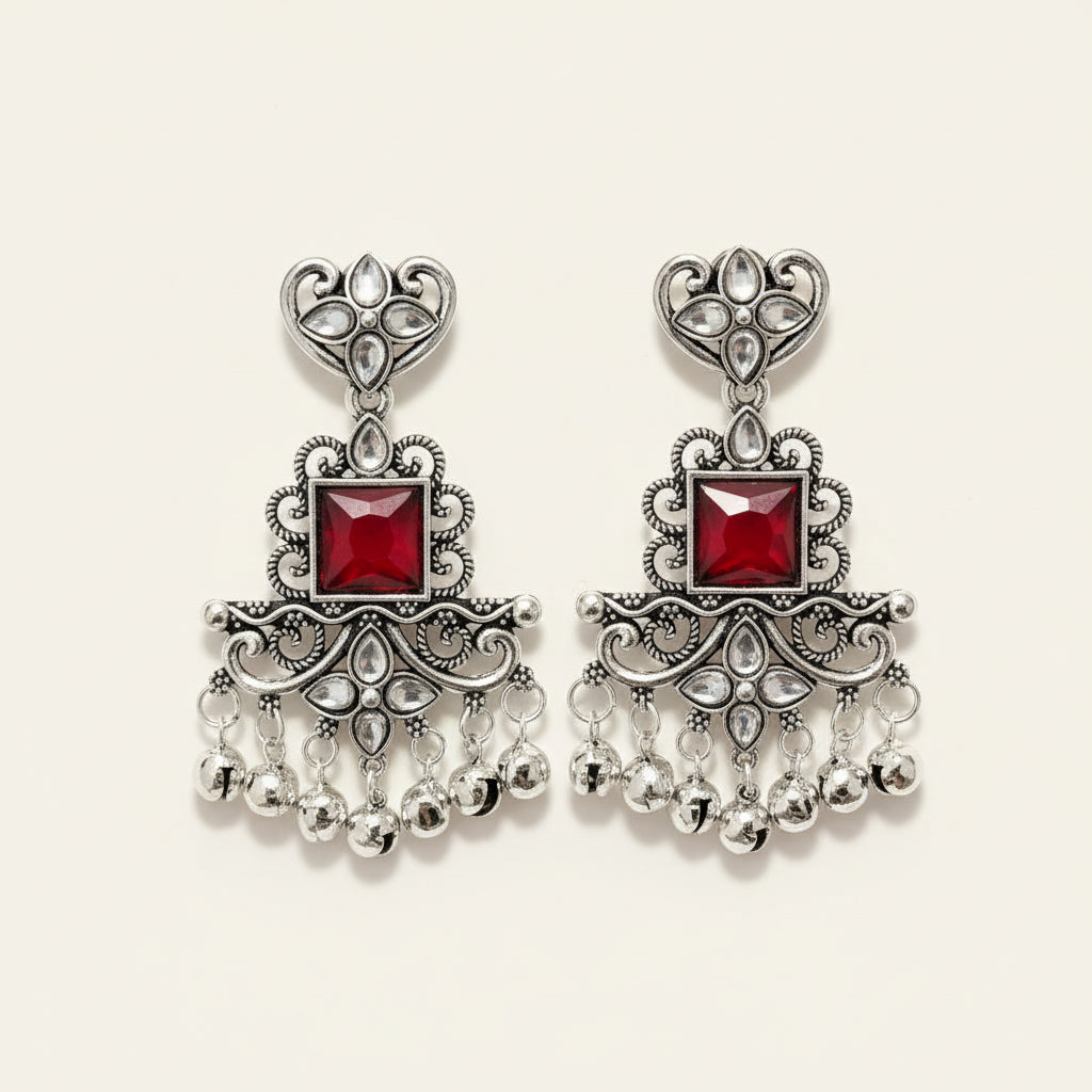 Silver & Maroon Statement Earrings