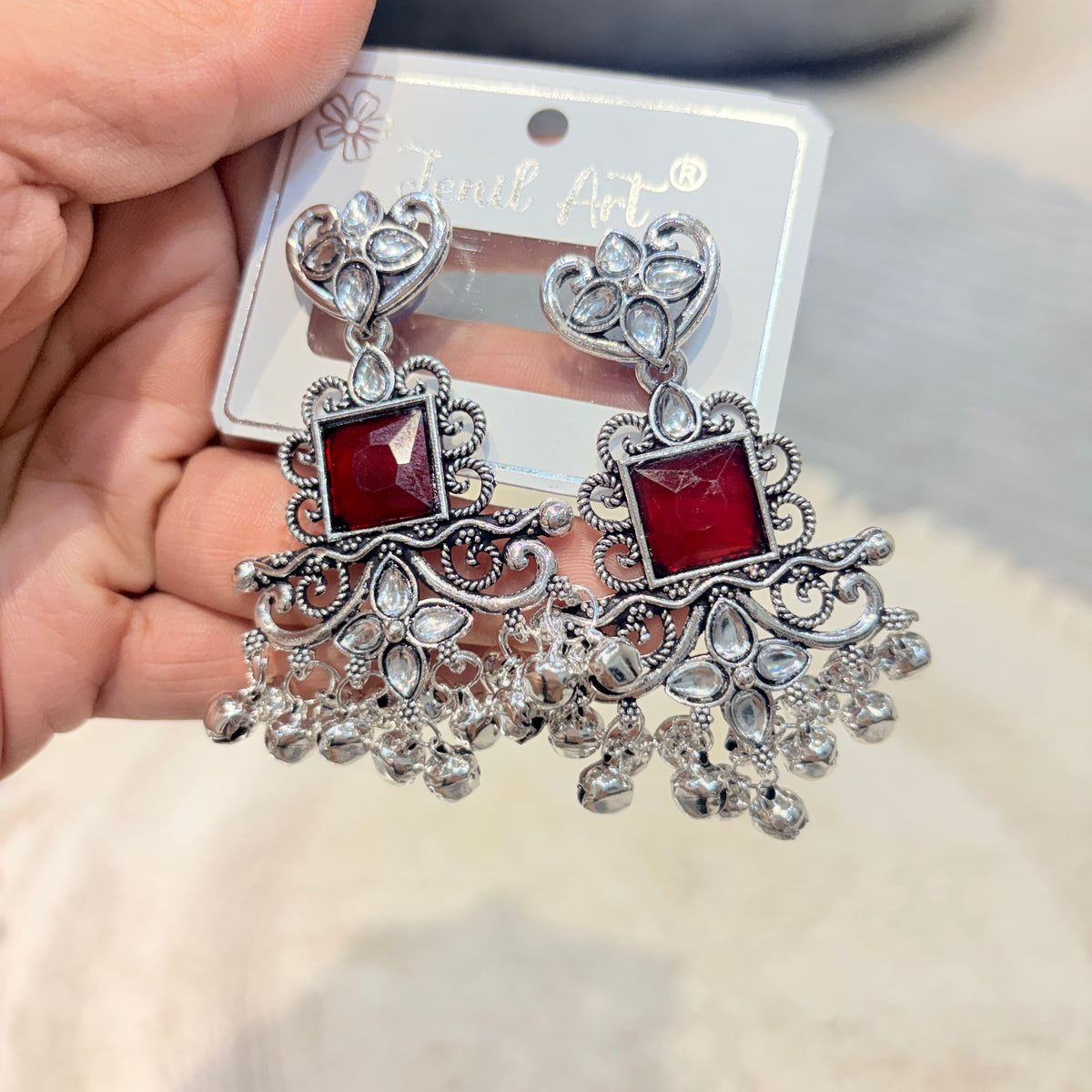 Silver & Maroon Statement Earrings