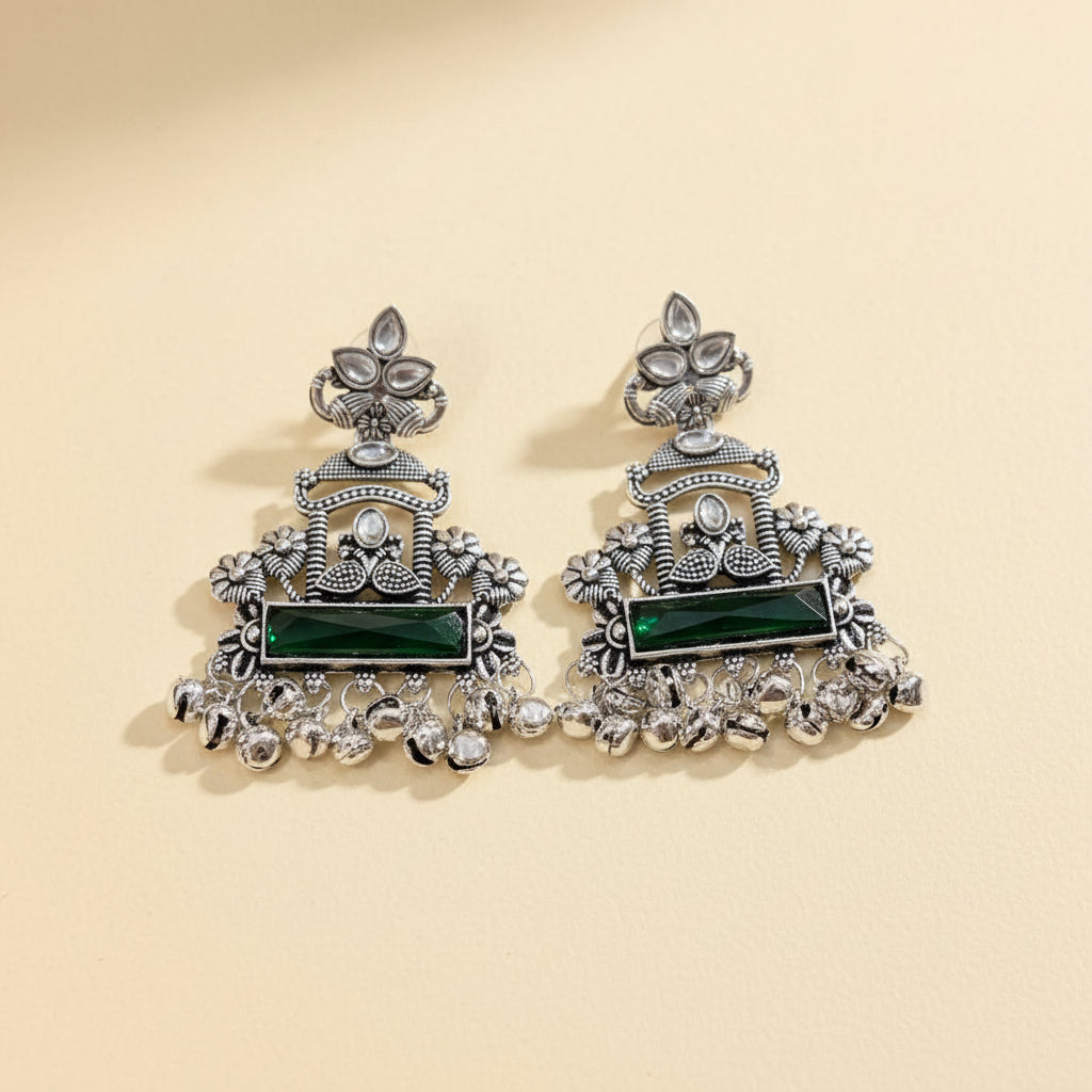 Silver & Green Statement Earrings