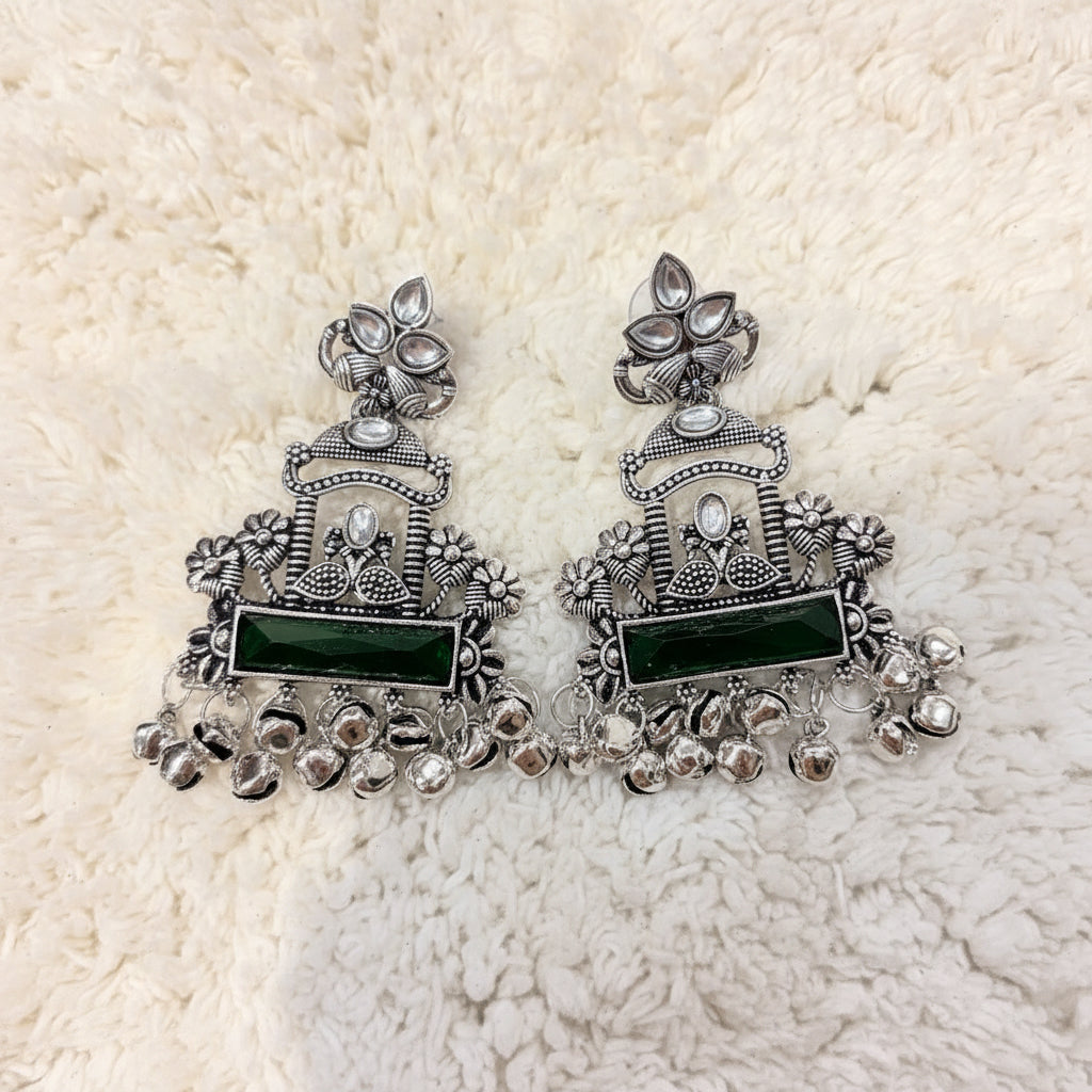 Silver & Green Statement Earrings