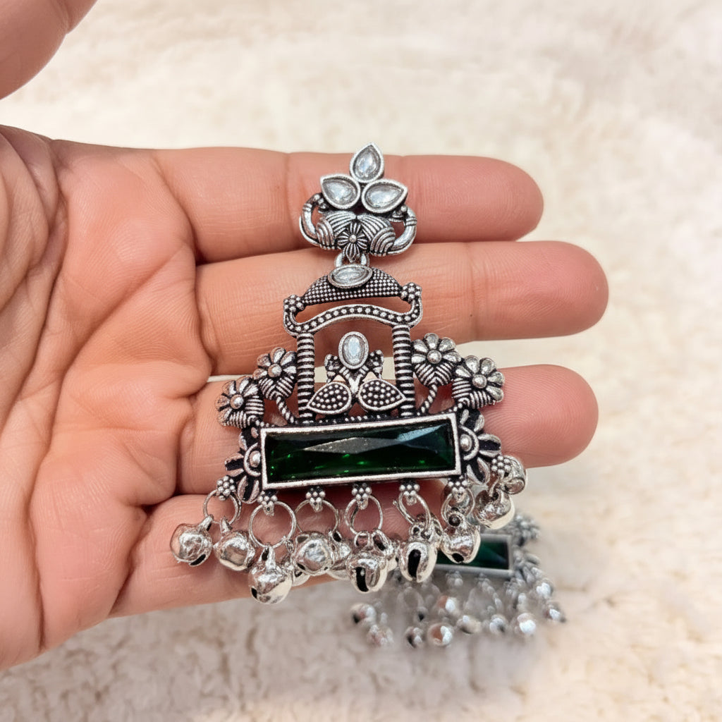 Silver & Green Statement Earrings