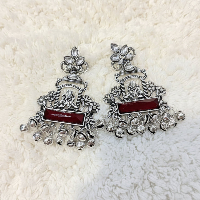 Silver & Maroon Statement Earrings