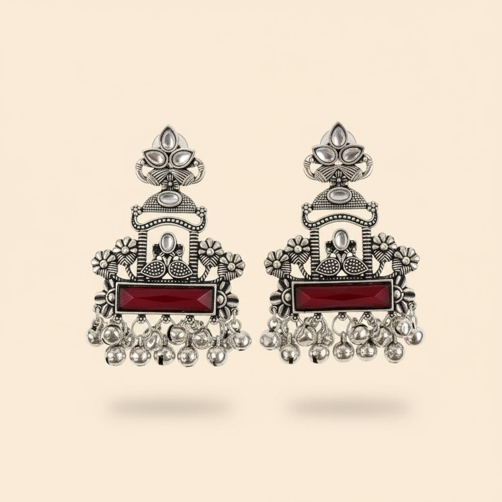 Silver & Maroon Statement Earrings