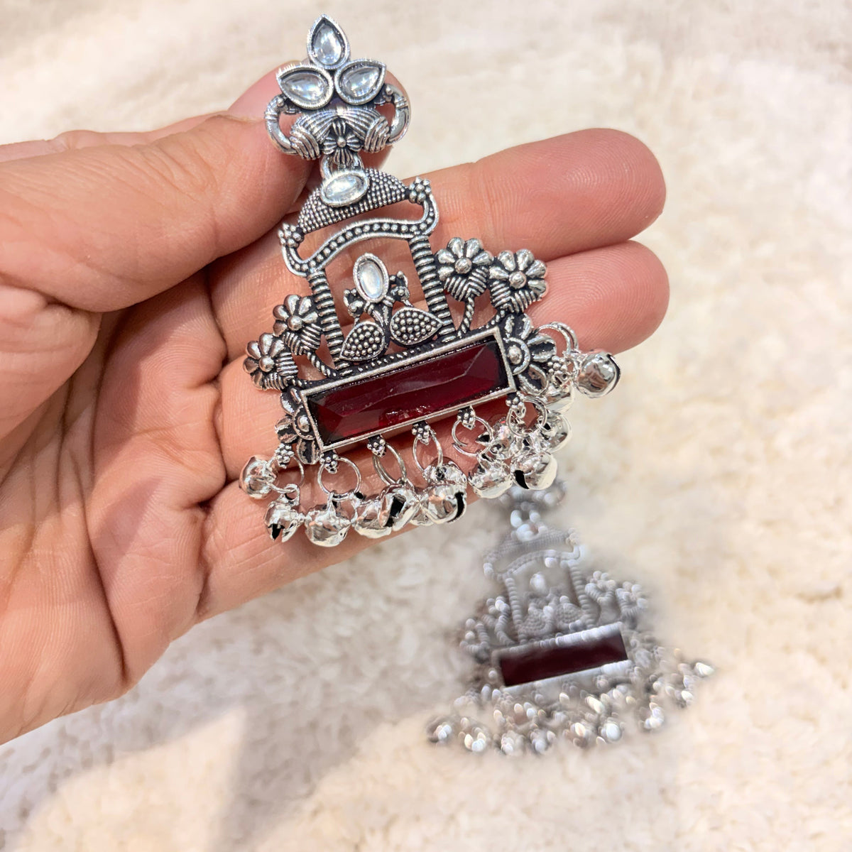Silver & Maroon Statement Earrings