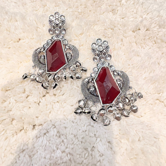 Silver & Maroon Stone Earrings