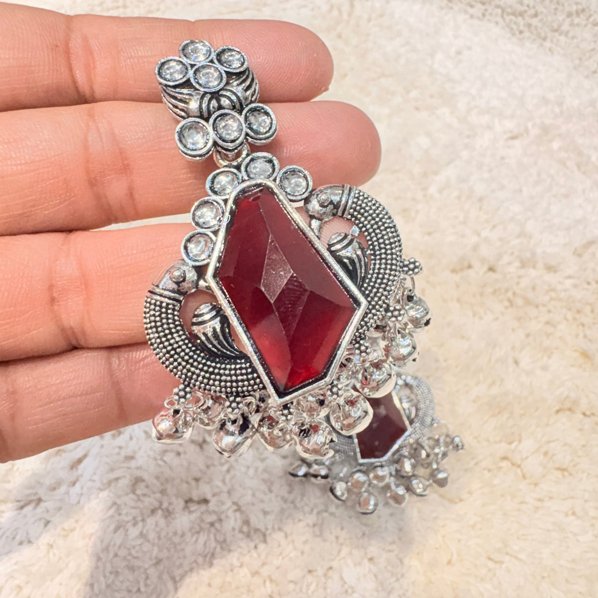 Silver & Maroon Stone Earrings