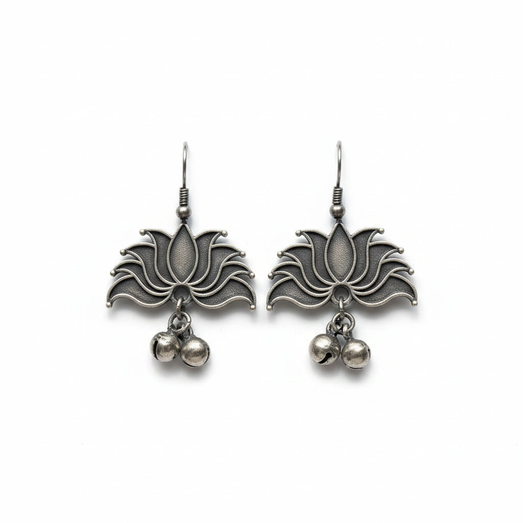 Silver Lotus Bell Drop Earrings