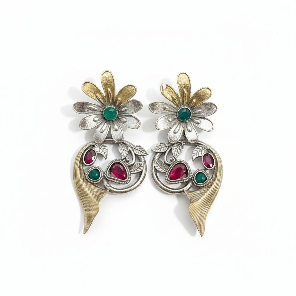 Silver & Emerald Pink Floral Statement Earrings