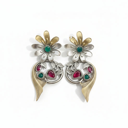 Silver & Emerald Pink Floral Statement Earrings