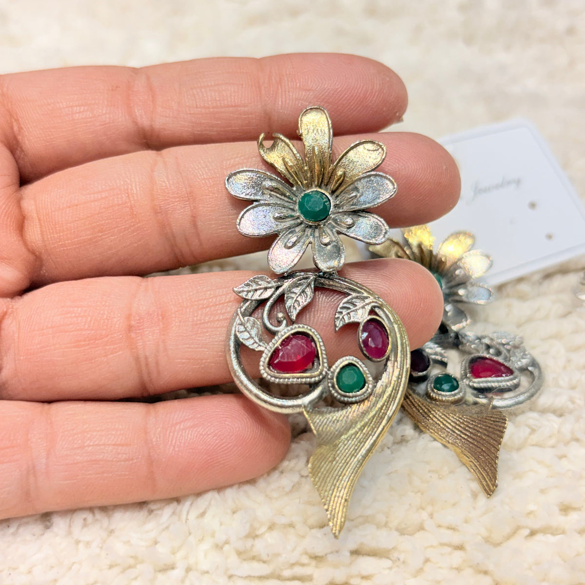 Silver & Emerald Pink Floral Statement Earrings