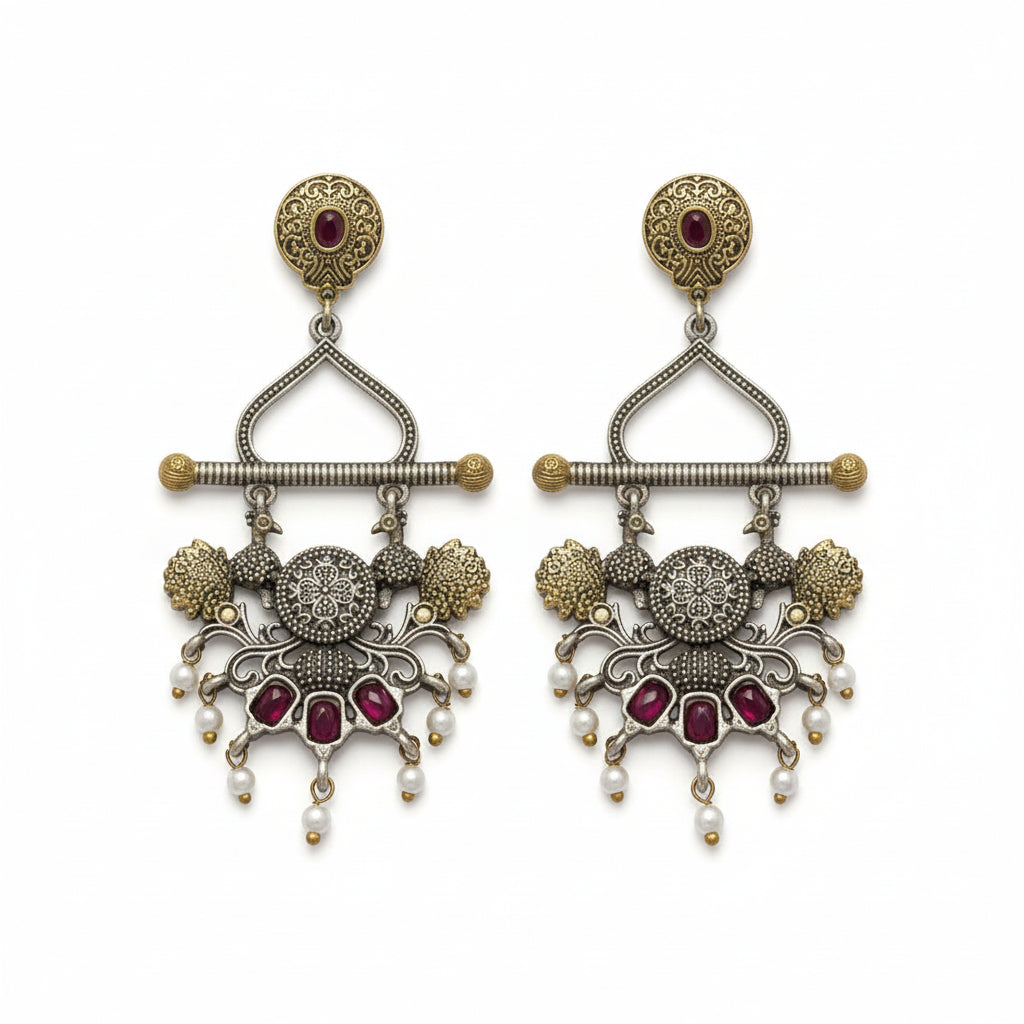 Silver & Pink Stone Pearl Drop Statement Earrings