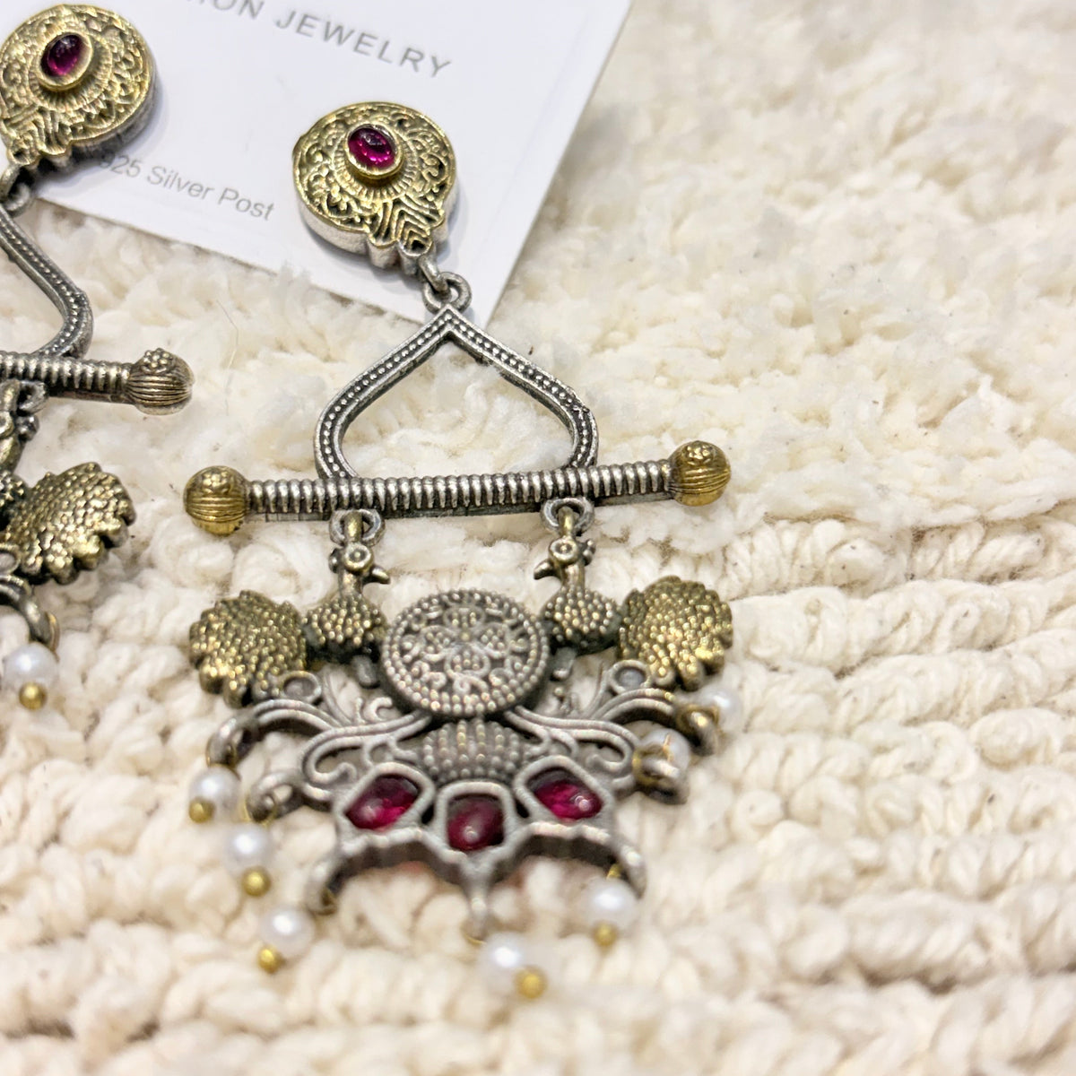 Silver & Pink Stone Pearl Drop Statement Earrings