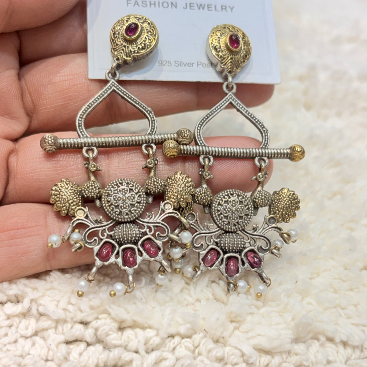 Silver & Pink Stone Pearl Drop Statement Earrings