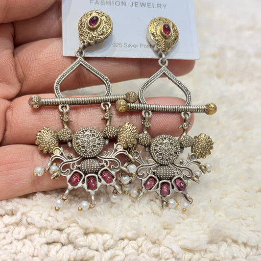 Silver & Pink Stone Pearl Drop Statement Earrings