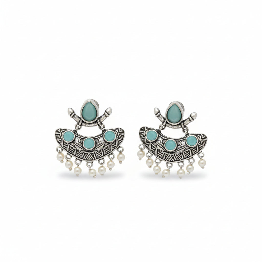 Silver & Aqua Stone Pearl Drop Earrings