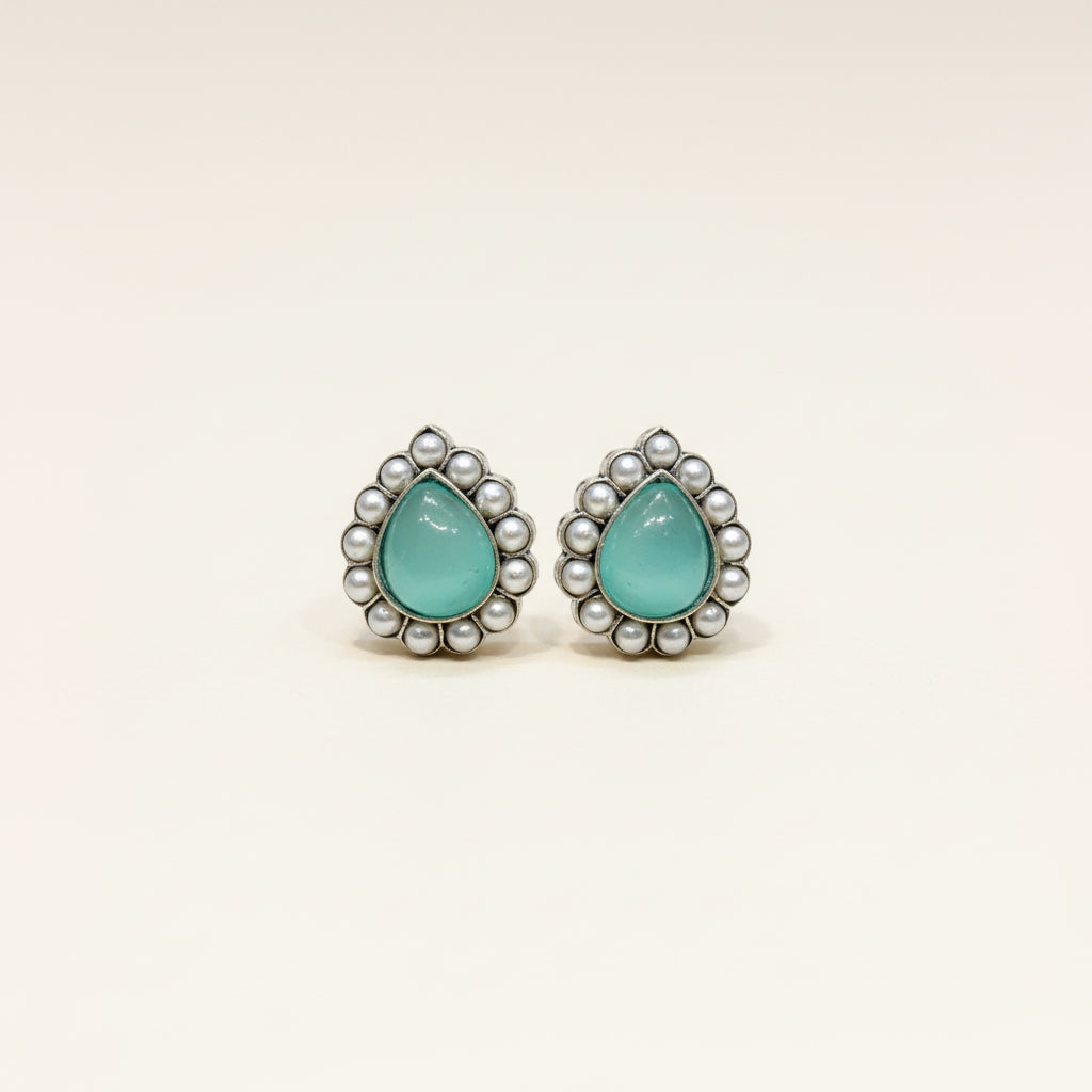 Silver & Aqua Teardrop Pearl Stud Earrings