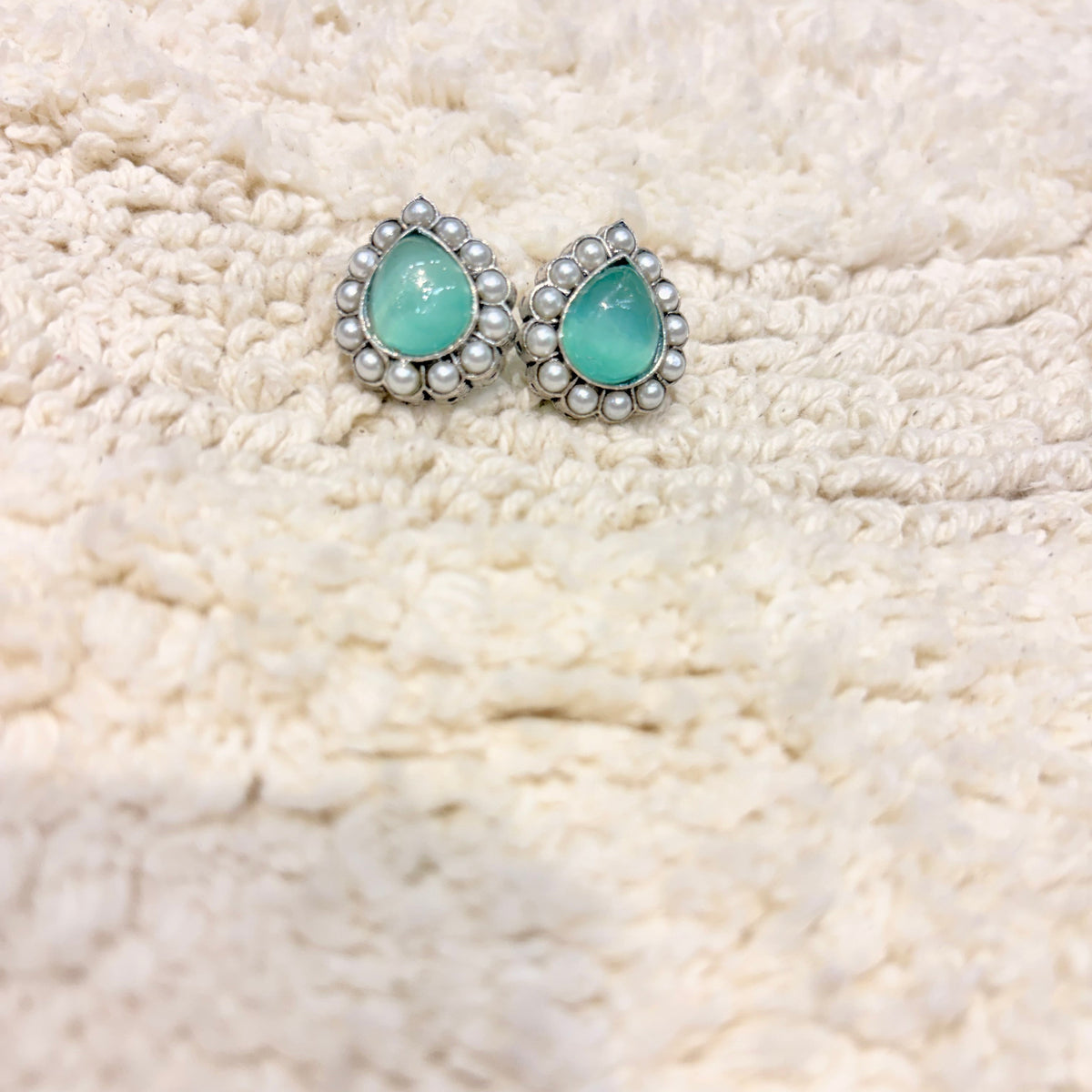 Silver & Aqua Teardrop Pearl Stud Earrings