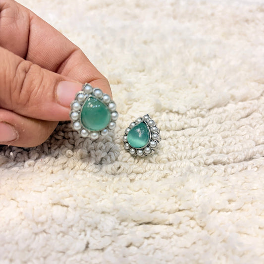 Silver & Aqua Teardrop Pearl Stud Earrings