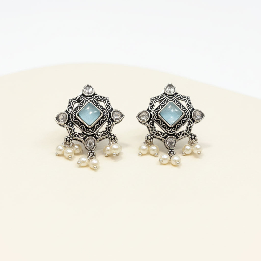Silver & Aqua Blue Pearl Stud Earrings