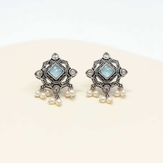 Silver & Aqua Blue Pearl Stud Earrings