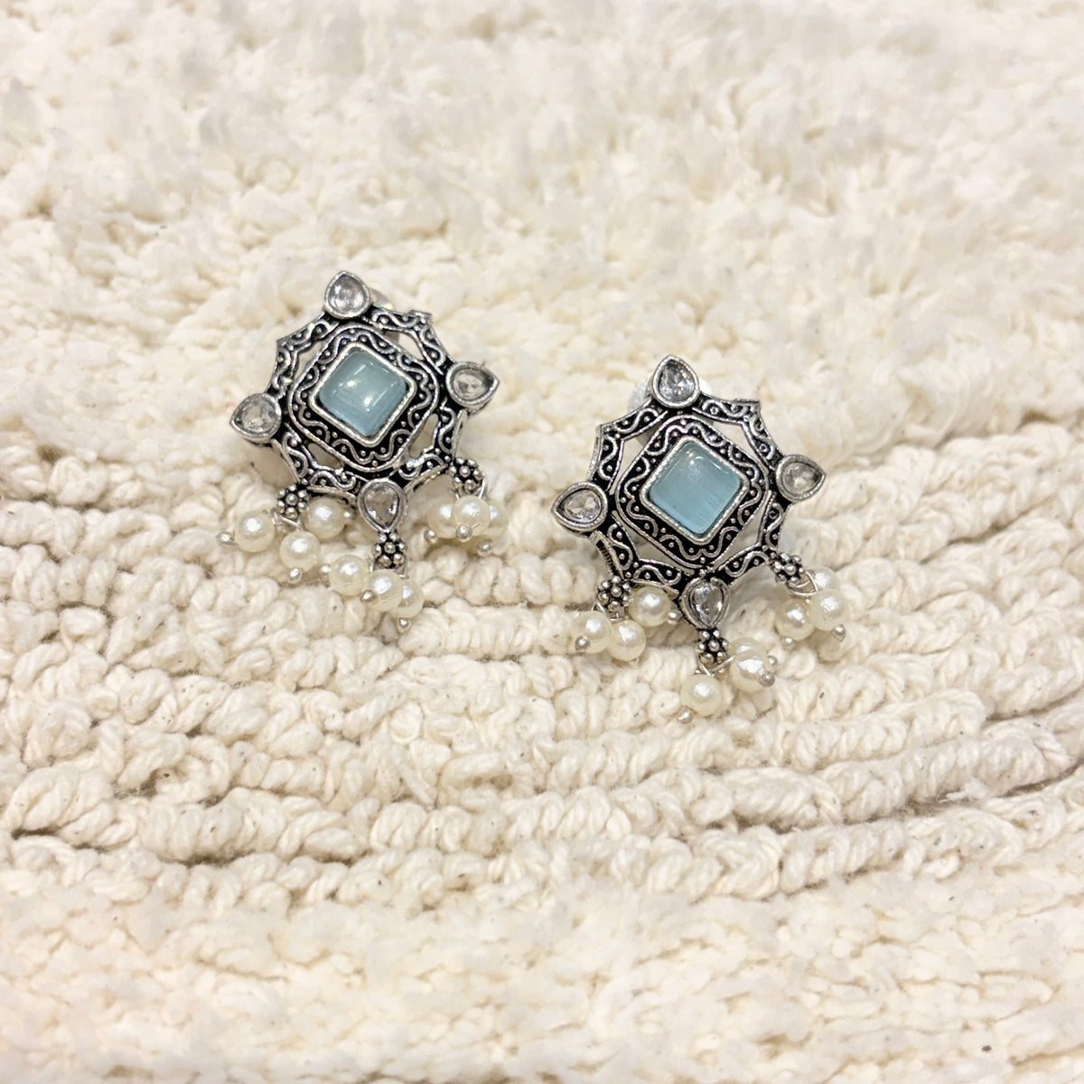 Silver & Aqua Blue Pearl Stud Earrings