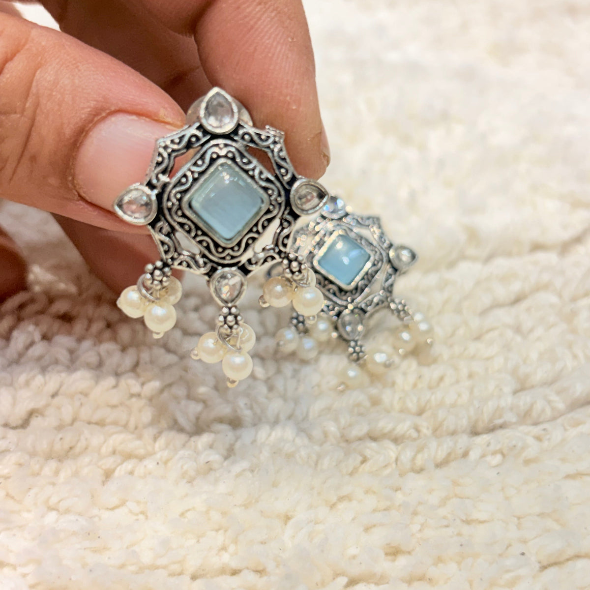Silver & Aqua Blue Pearl Stud Earrings