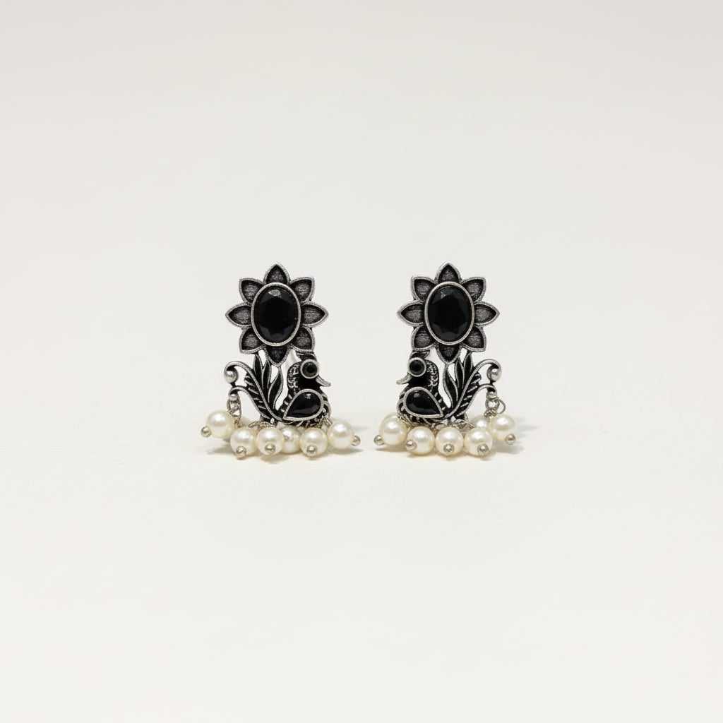 Silver & Black Floral Pearl Drop Earrings