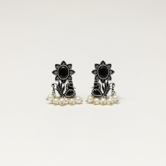 Silver & Black Floral Pearl Drop Earrings