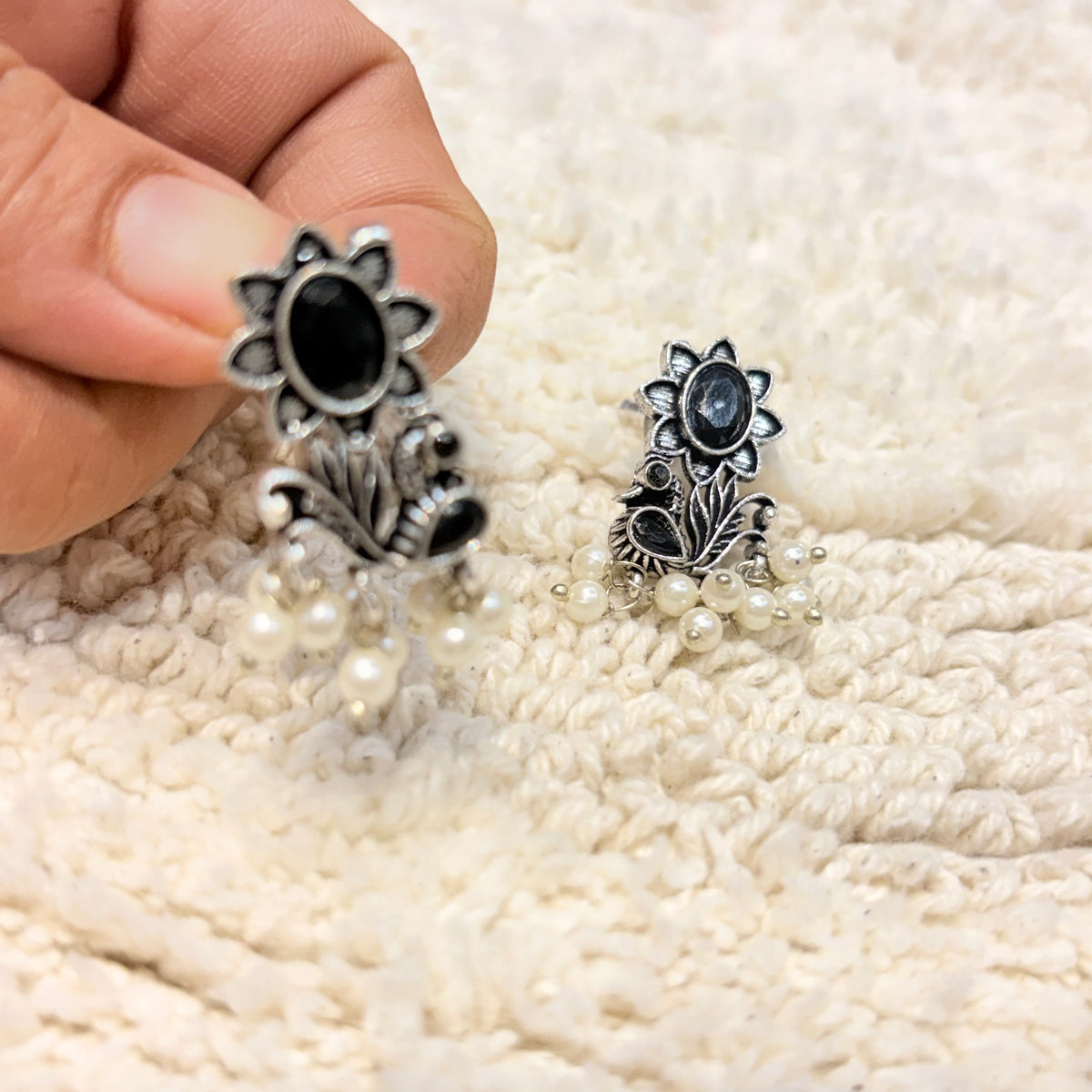 Silver & Black Floral Pearl Drop Earrings