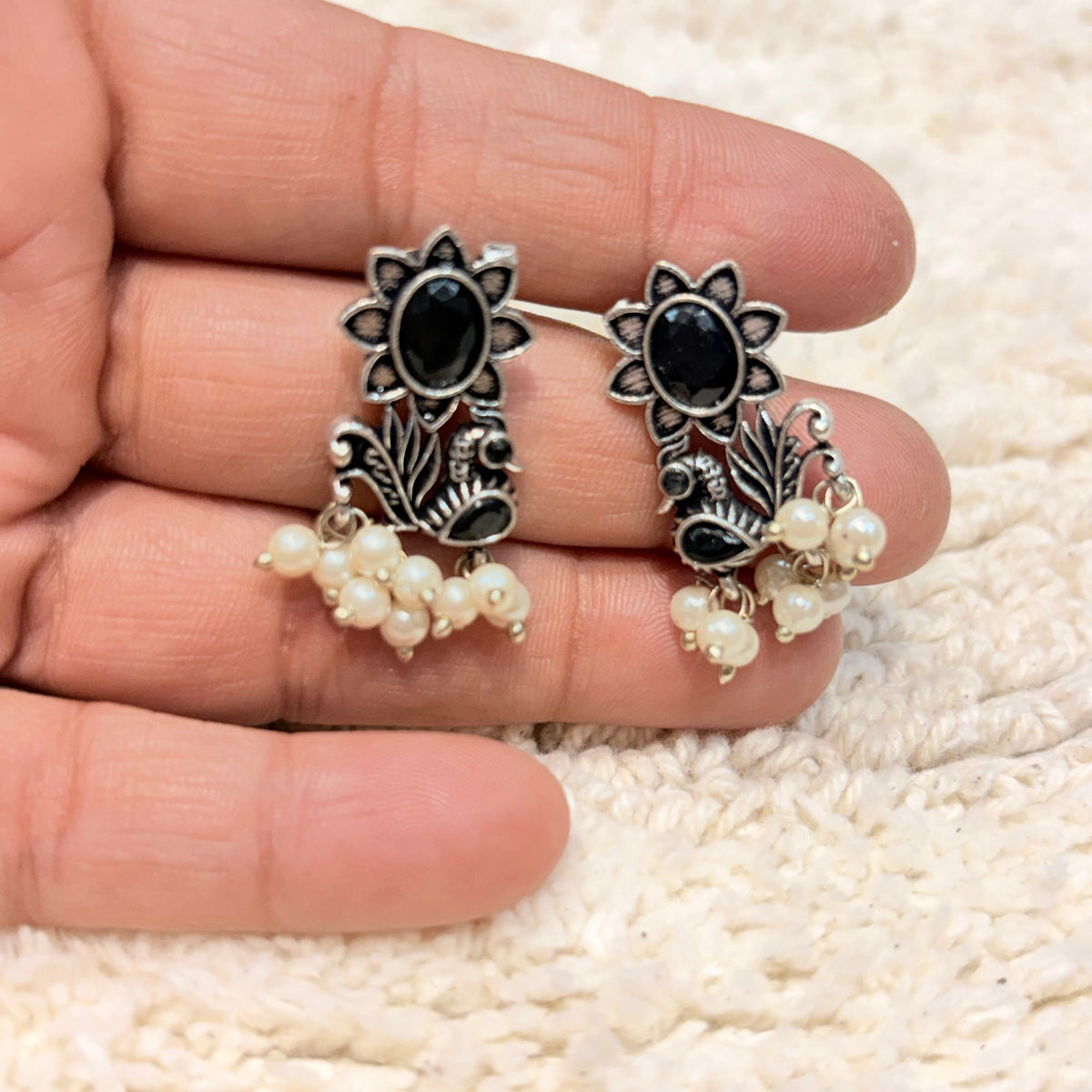 Silver & Black Floral Pearl Drop Earrings