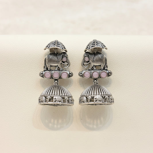 Silver Elephant Jhumka Earrings with Pink Stones