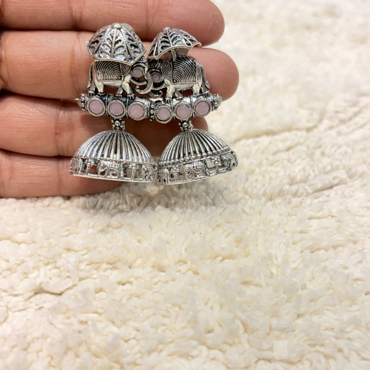 Silver Elephant Jhumka Earrings with Pink Stones