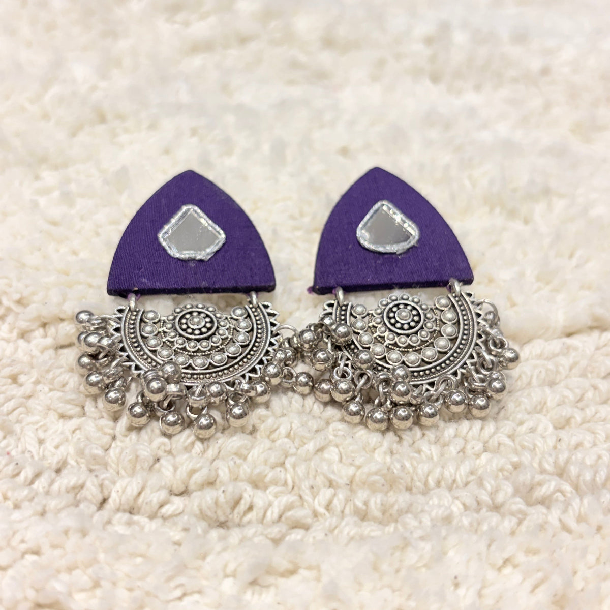 Silver & Purple Fabric Mirror Statement Earrings