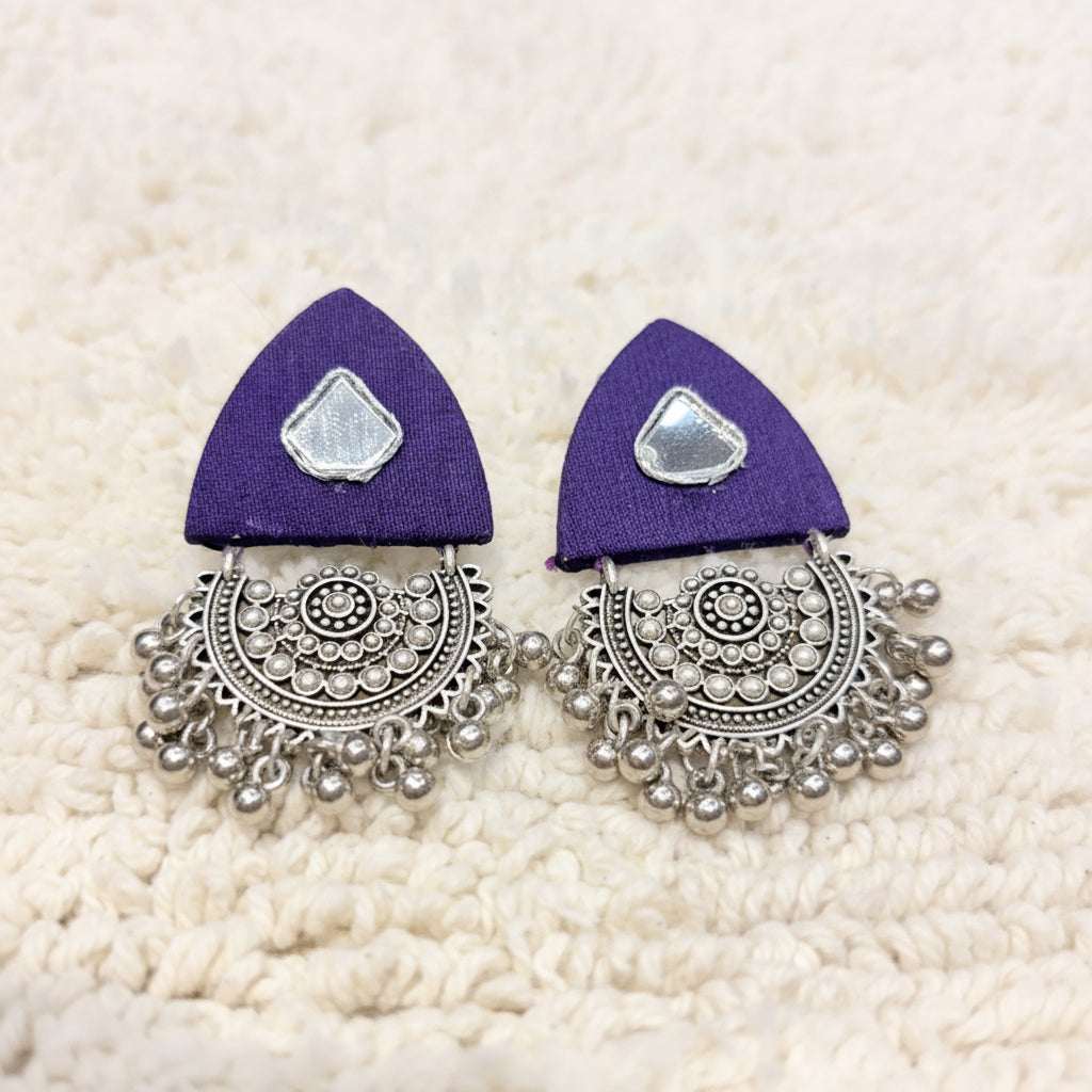 Silver & Purple Fabric Mirror Statement Earrings