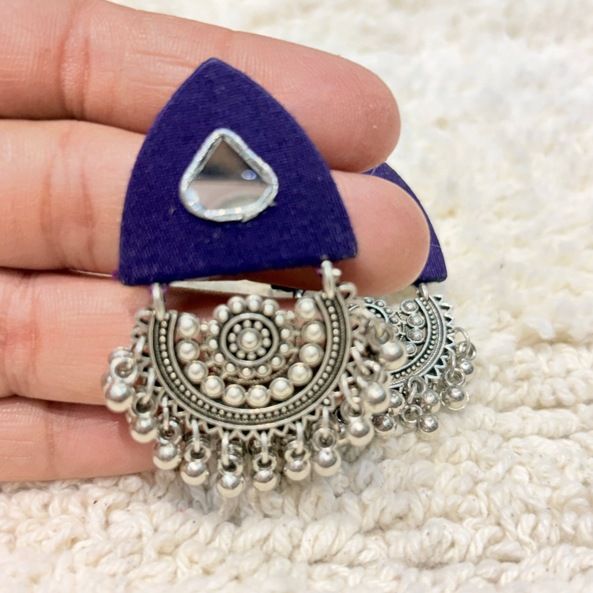 Silver & Purple Fabric Mirror Statement Earrings
