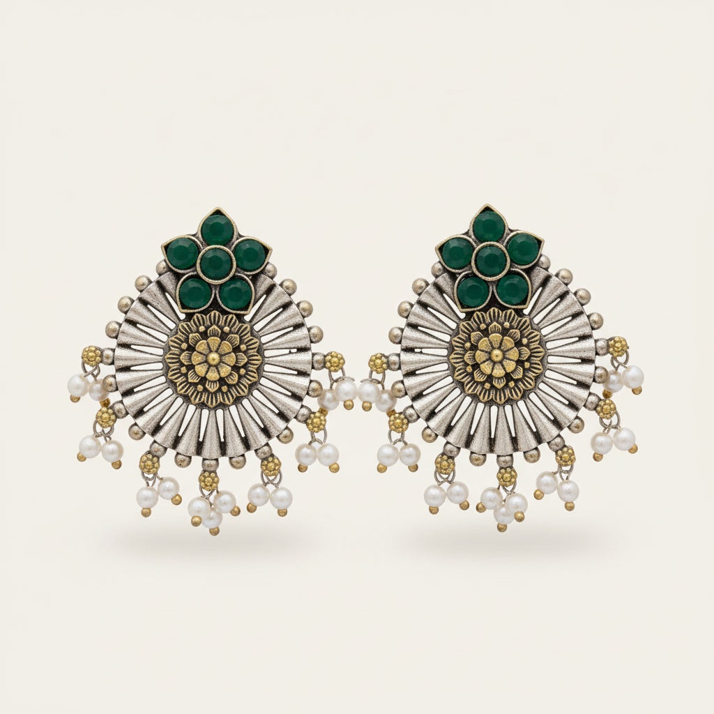 Silver & Green Floral Pearl Drop Earrings