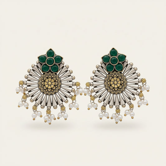 Silver & Green Floral Pearl Drop Earrings