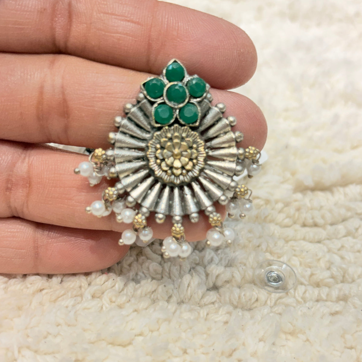 Silver & Green Floral Pearl Drop Earrings