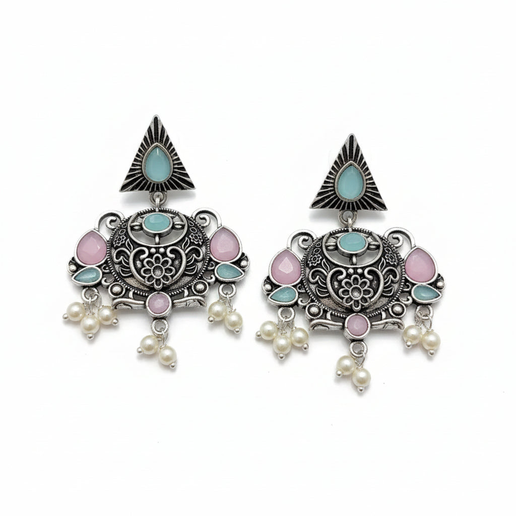 Silver, Pink & Aqua Floral Pearl Drop Earrings