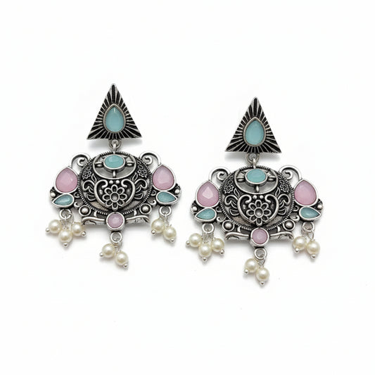 Silver, Pink & Aqua Floral Pearl Drop Earrings