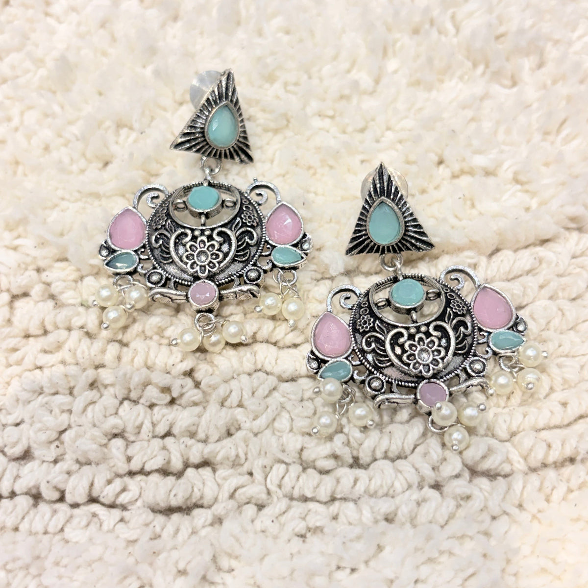 Silver, Pink & Aqua Floral Pearl Drop Earrings