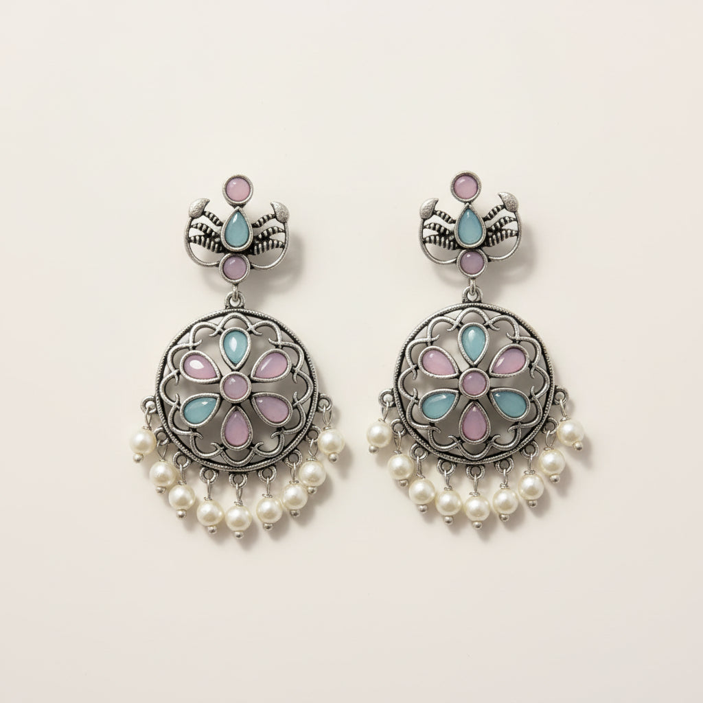 Silver, Pink & Aqua Floral Pearl Drop Earrings