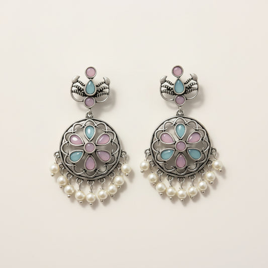 Silver, Pink & Aqua Floral Pearl Drop Earrings