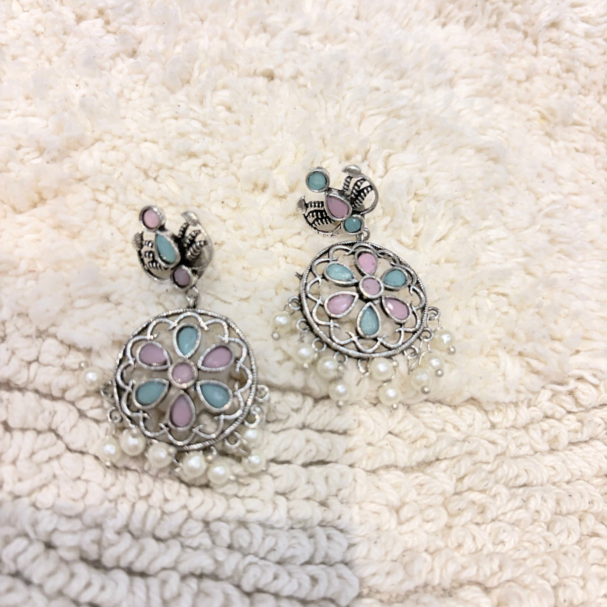 Silver, Pink & Aqua Floral Pearl Drop Earrings