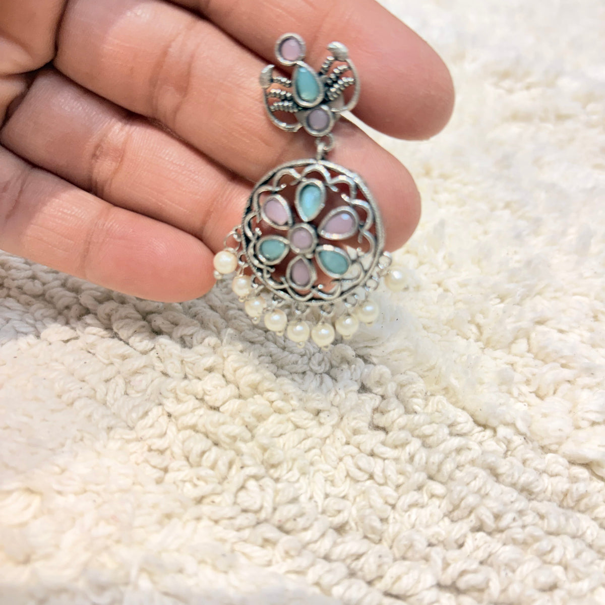 Silver, Pink & Aqua Floral Pearl Drop Earrings