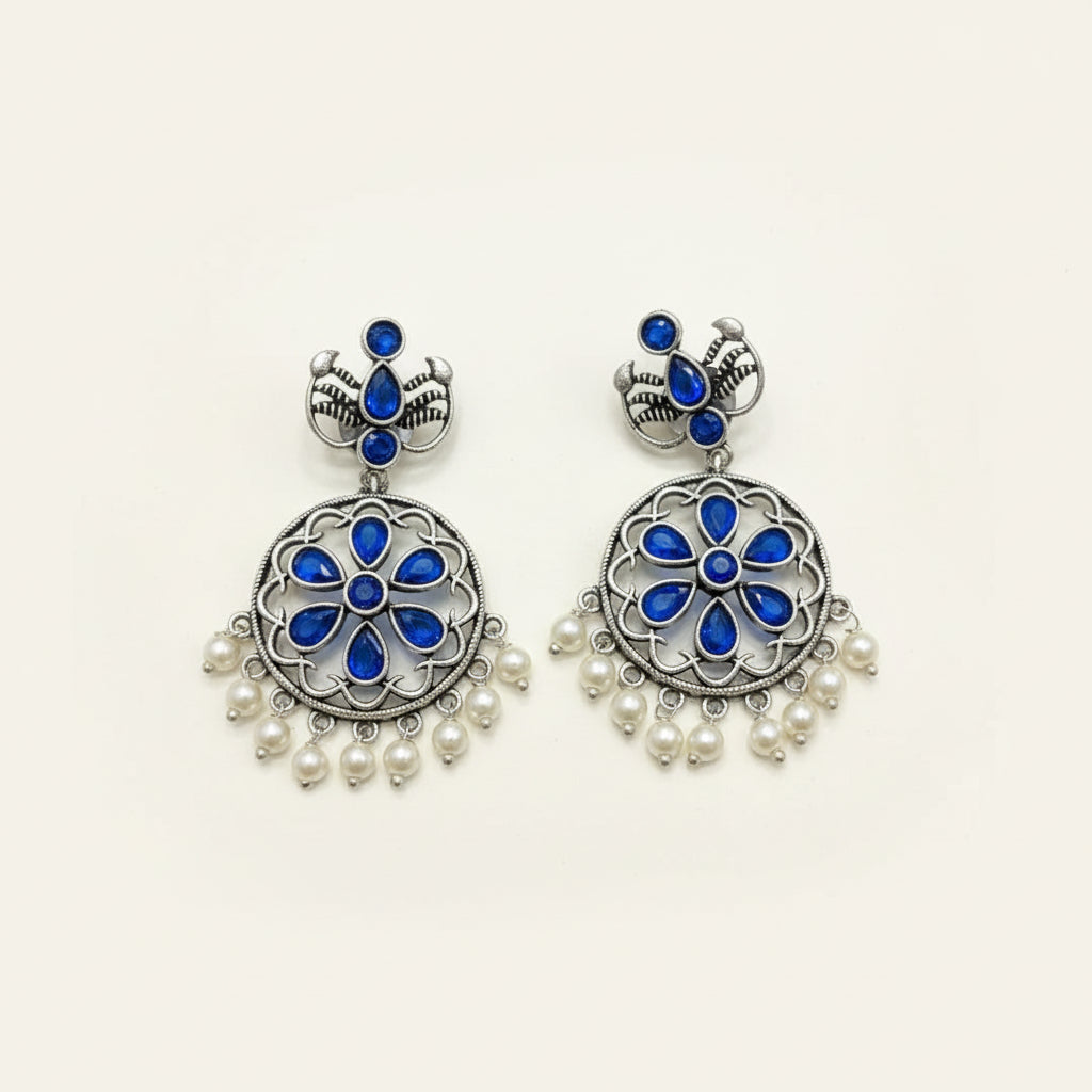 Silver & Royal Blue Floral Pearl Drop Earrings